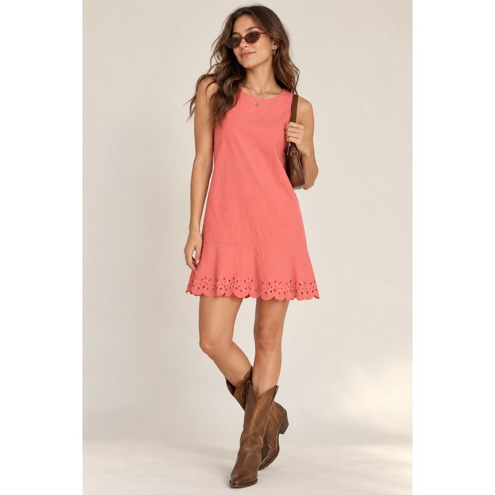 Loft Coral Pink Sleeveless Drop Waist Ruffle Laser Cut Eyelet Shift Dress Size 4